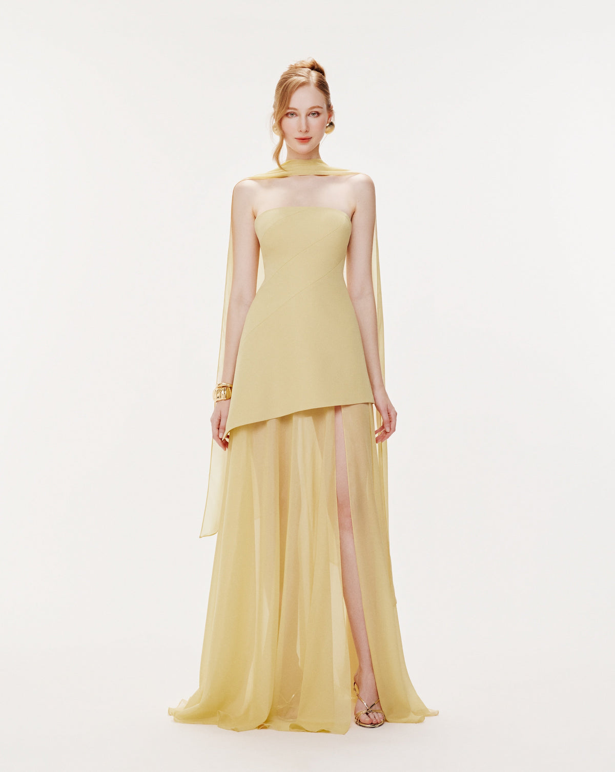 (PRE-ORDER) Yellow Strapless Organza Train Dress