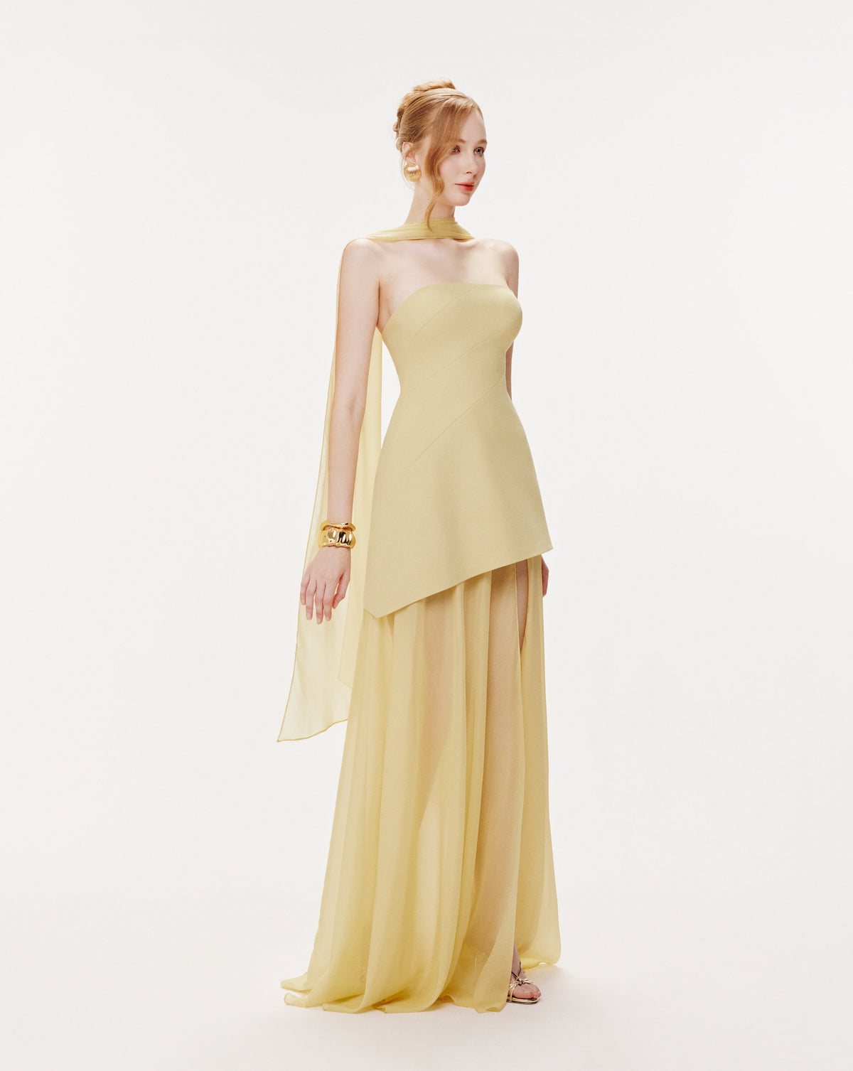 (PRE-ORDER) Yellow Strapless Organza Train Dress