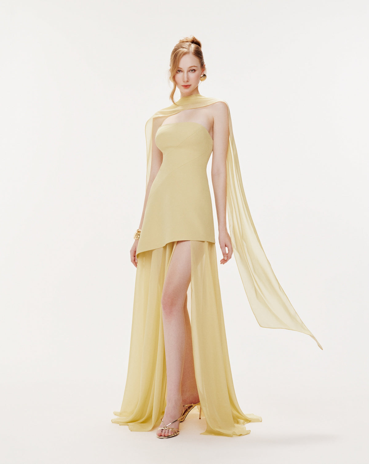 (PRE-ORDER) Yellow Strapless Organza Train Dress