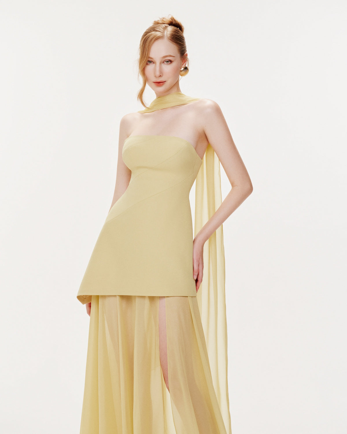 (PRE-ORDER) Yellow Strapless Organza Train Dress