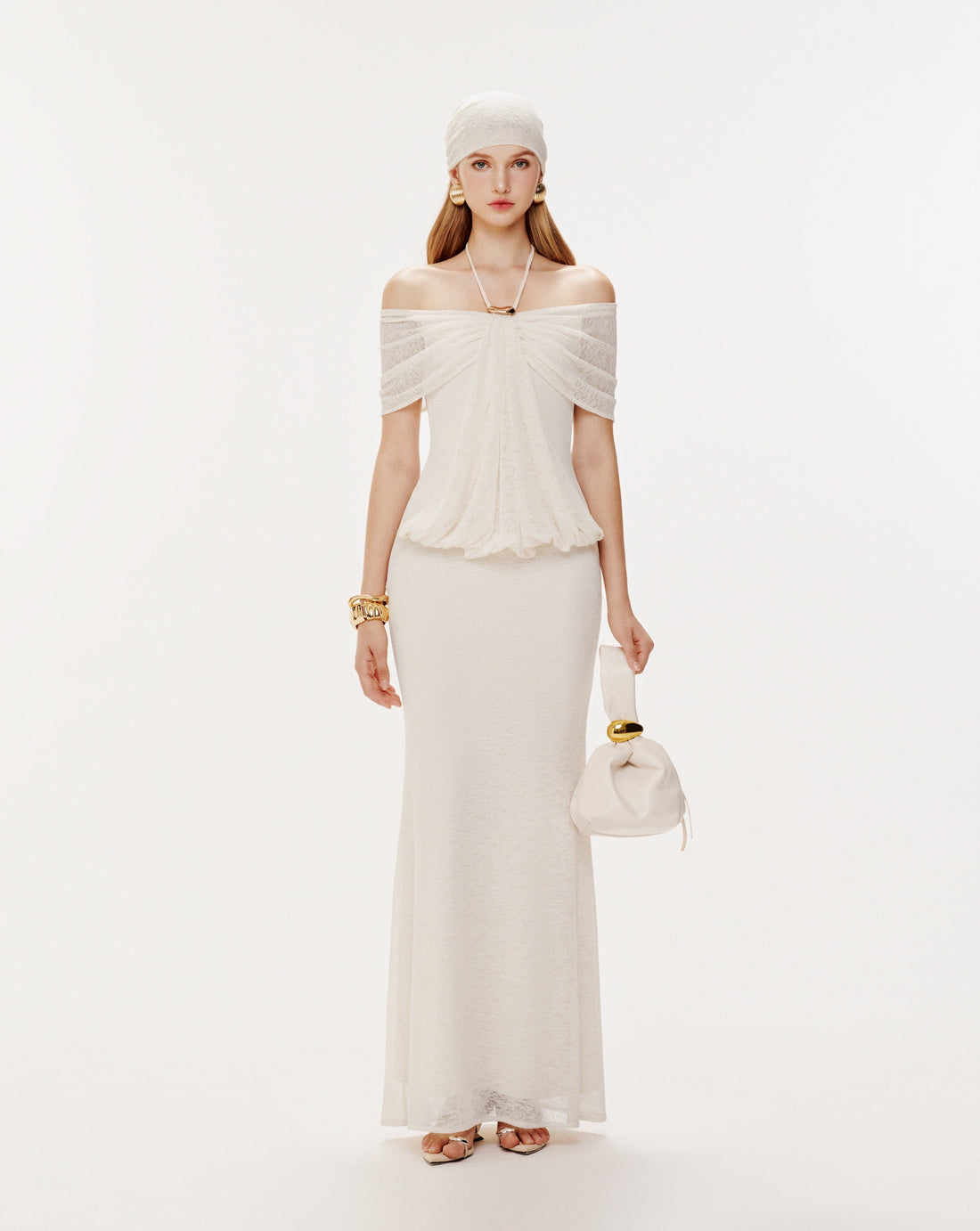 (PRE-ORDER) Stretch Mesh Off-Shoulder Midi Dress