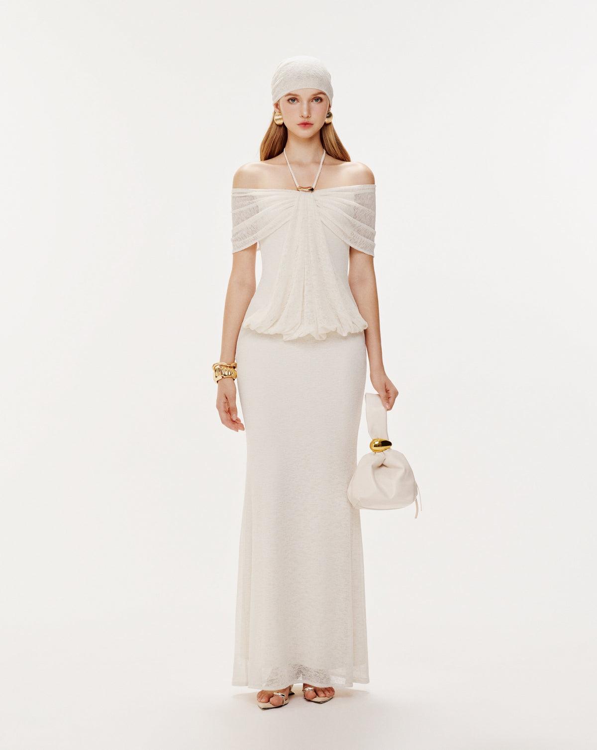 (PRE-ORDER) Stretch Mesh Off-Shoulder Midi Dress