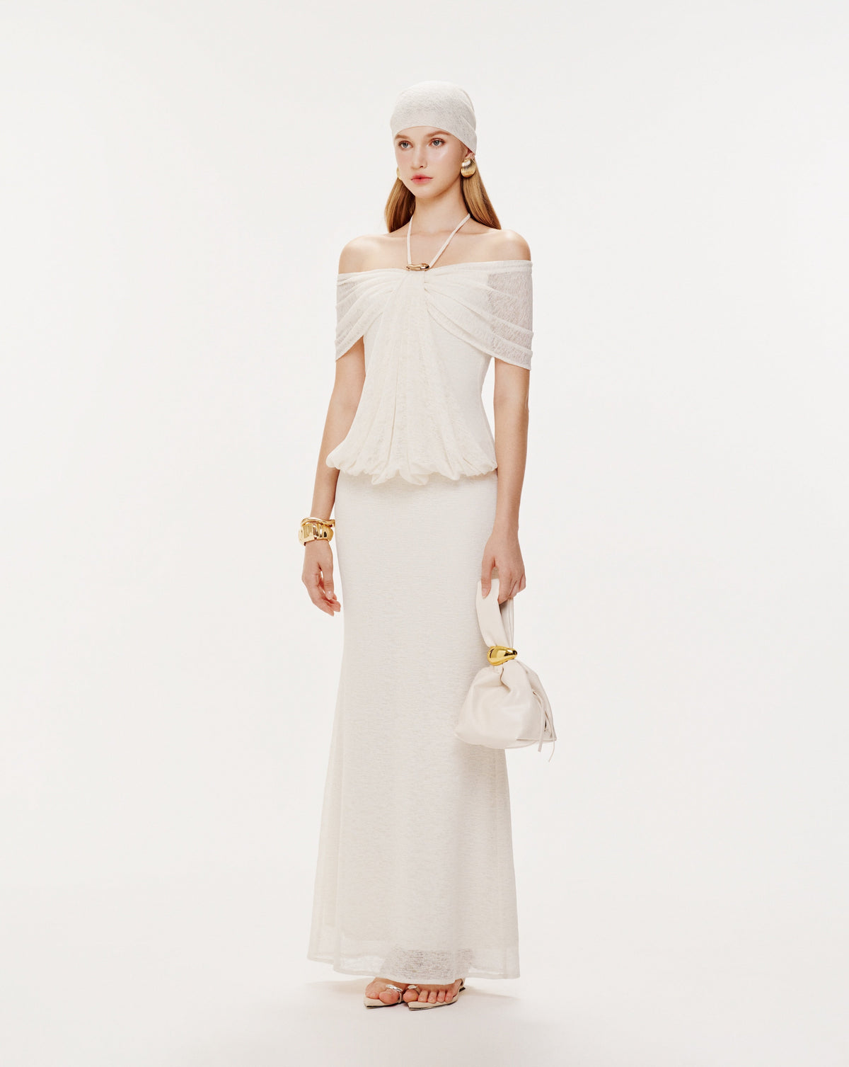 (PRE-ORDER) Stretch Mesh Off-Shoulder Midi Dress