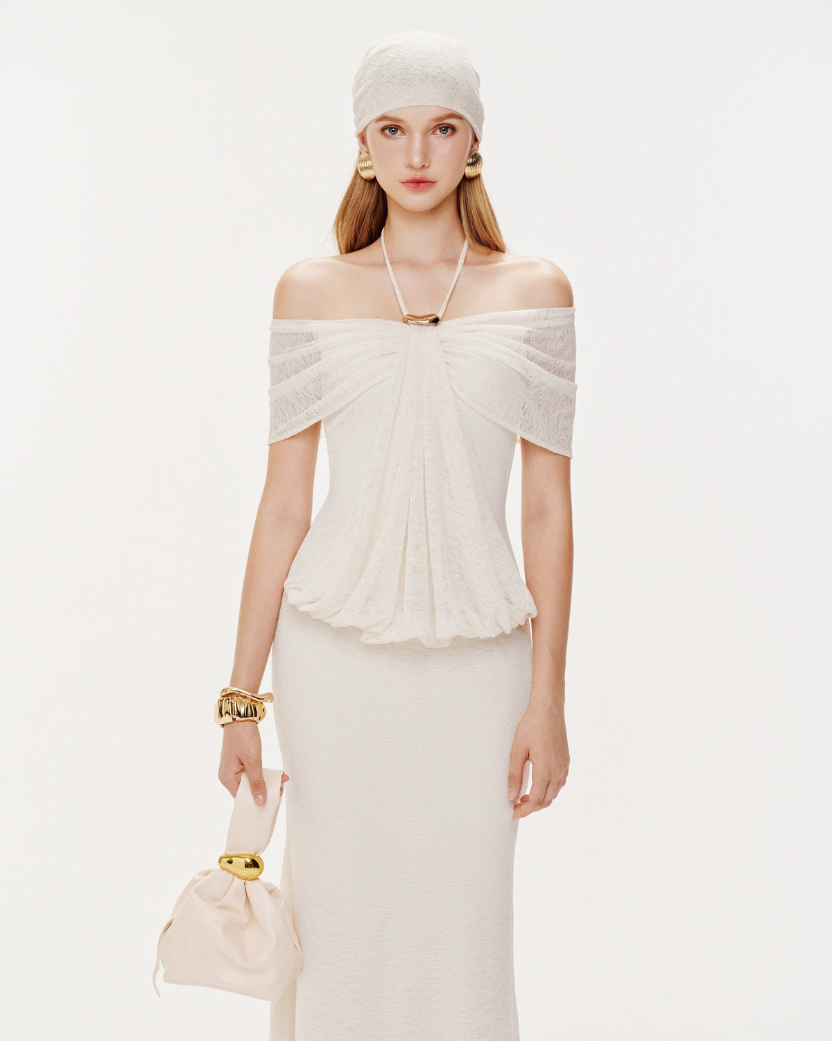 (PRE-ORDER) Stretch Mesh Off-Shoulder Midi Dress