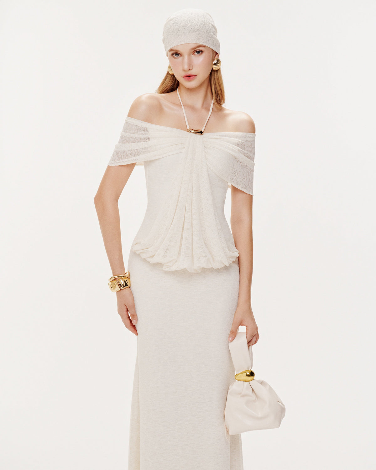 (PRE-ORDER) Stretch Mesh Off-Shoulder Midi Dress