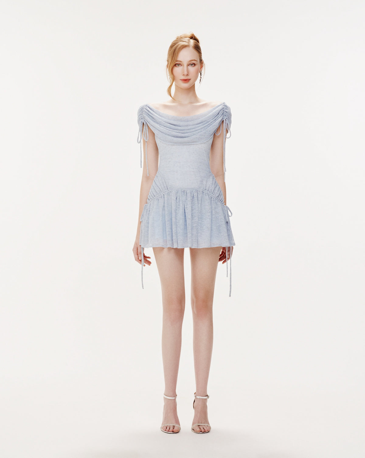 Blue Stretch Mesh Draped Shoulder Dress