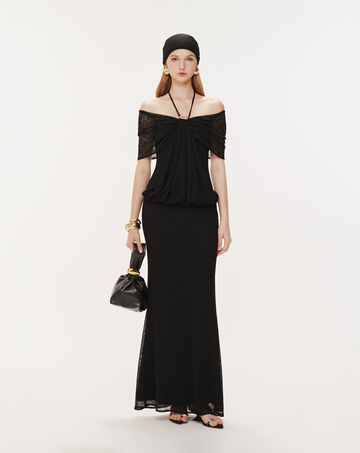 (PRE-ORDER) Stretch Mesh Off-Shoulder Midi Dress
