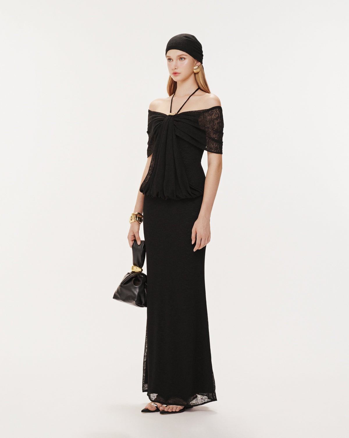 (PRE-ORDER) Stretch Mesh Off-Shoulder Midi Dress