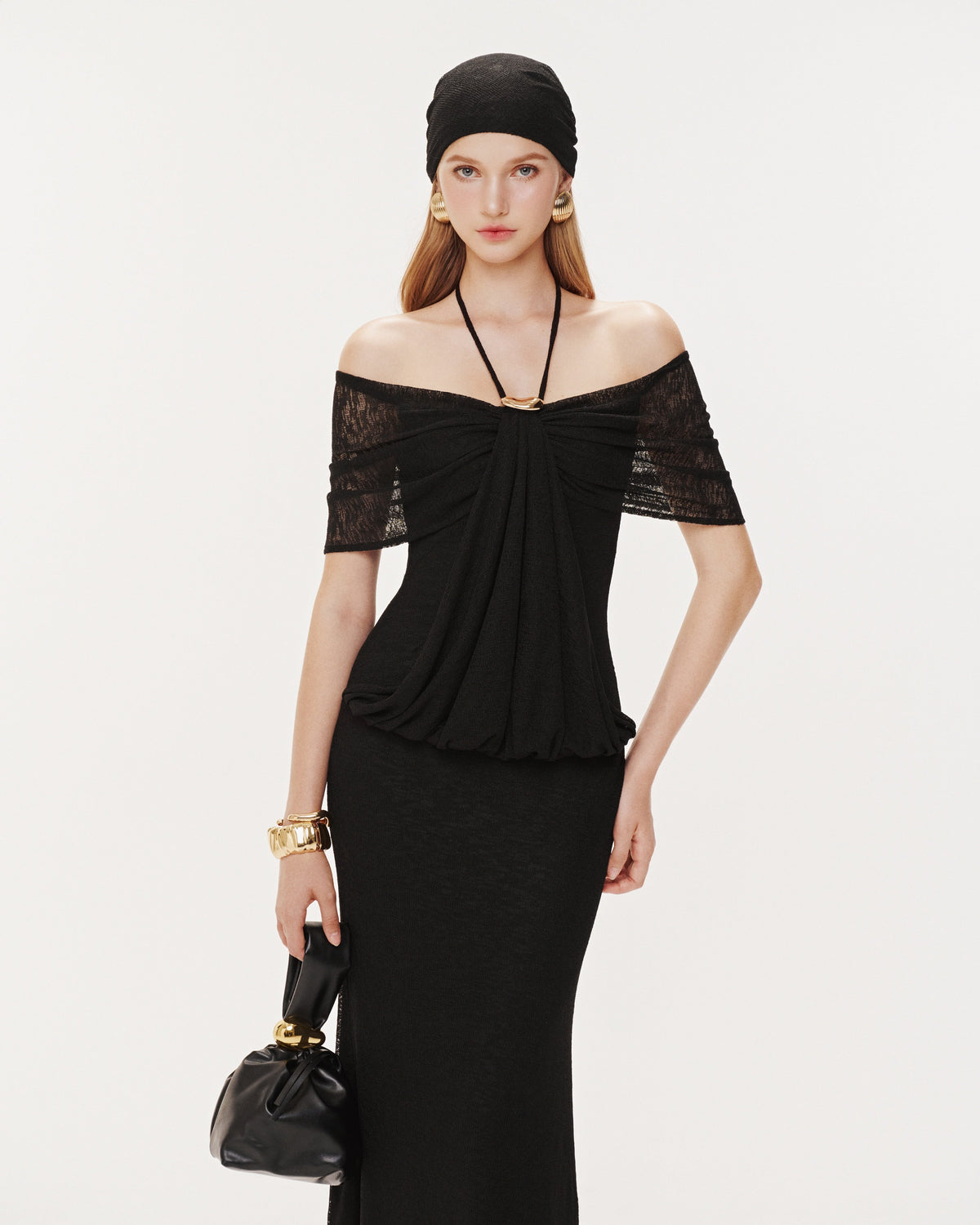 (PRE-ORDER) Stretch Mesh Off-Shoulder Midi Dress