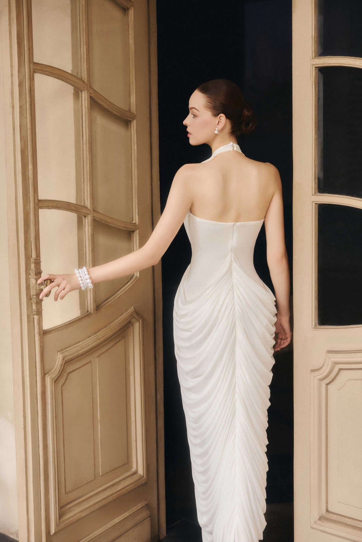 Draped Halter Mermaid Mesh Dress