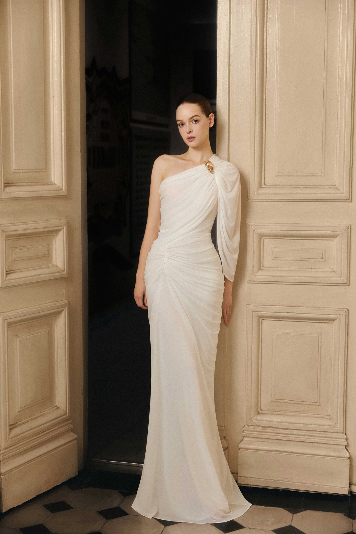 Long One-Shoulder Mesh Dress with Floral Button