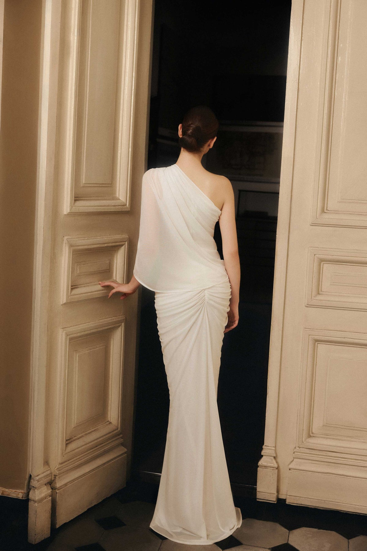 Long One-Shoulder Mesh Dress with Floral Button