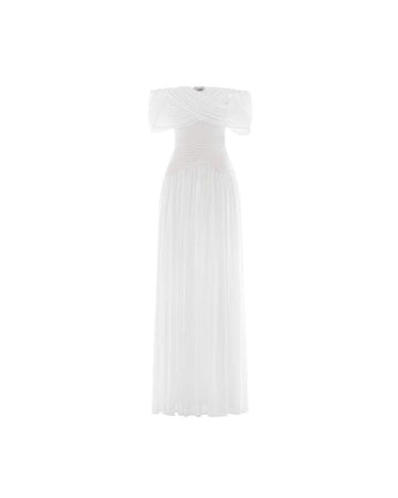 White Off-Shoulder Draped Flared Dress